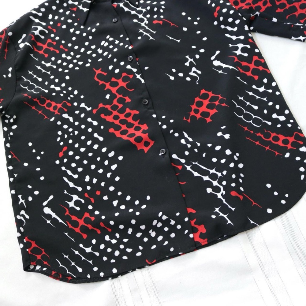 Black, Red And White Patterned Button Down Blouse - image 6